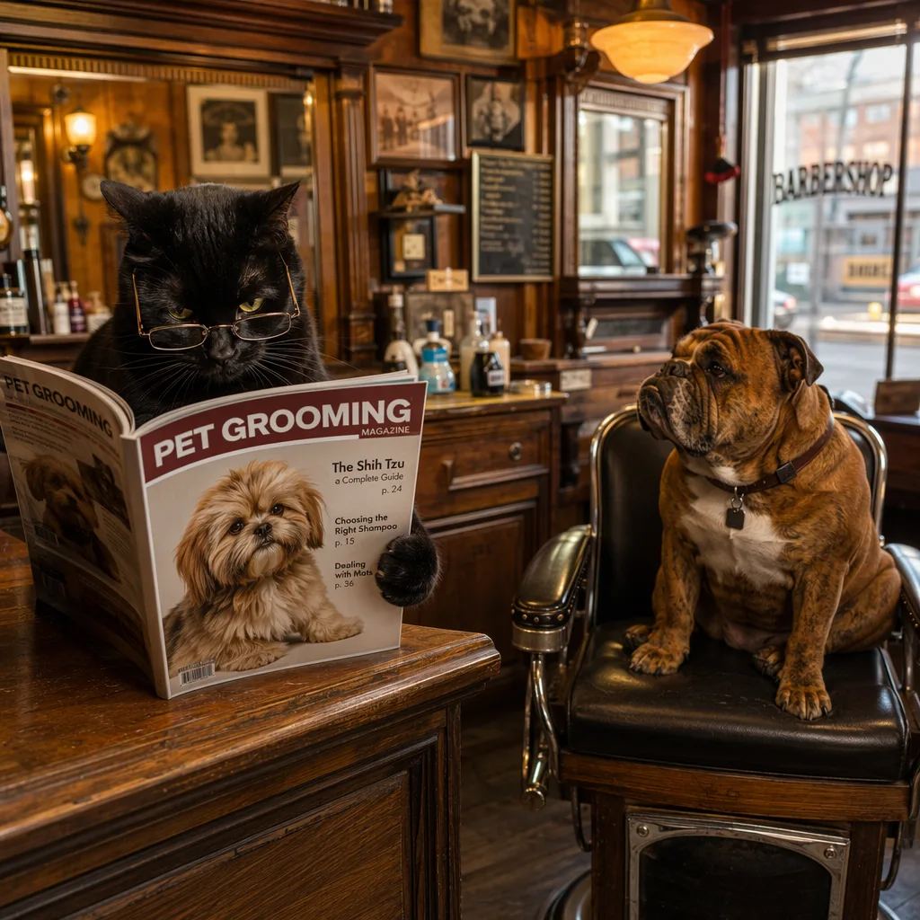 Кот читает журнал, бульдог ждёт