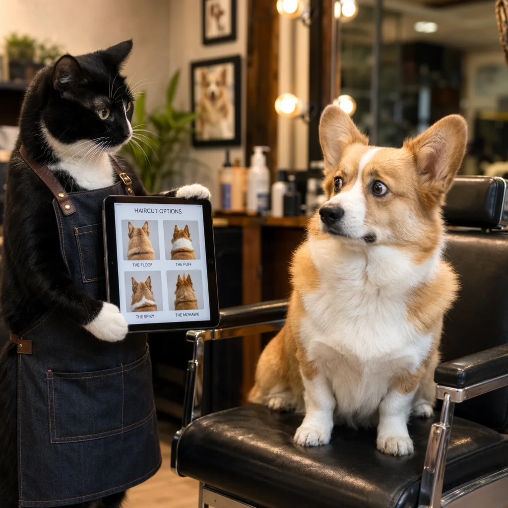 Кот-стилист обсуждает стрижку с корги