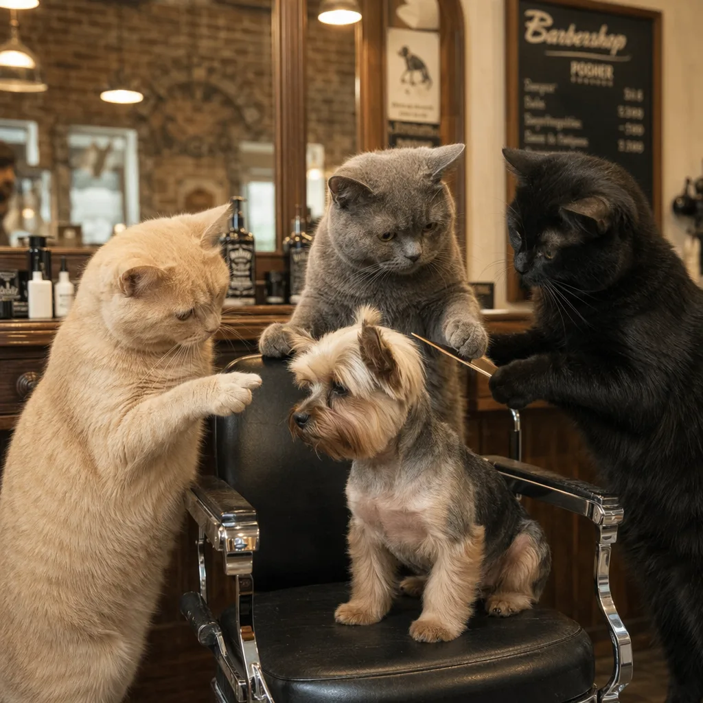 Трое котов обсуждают йоркширского терьера