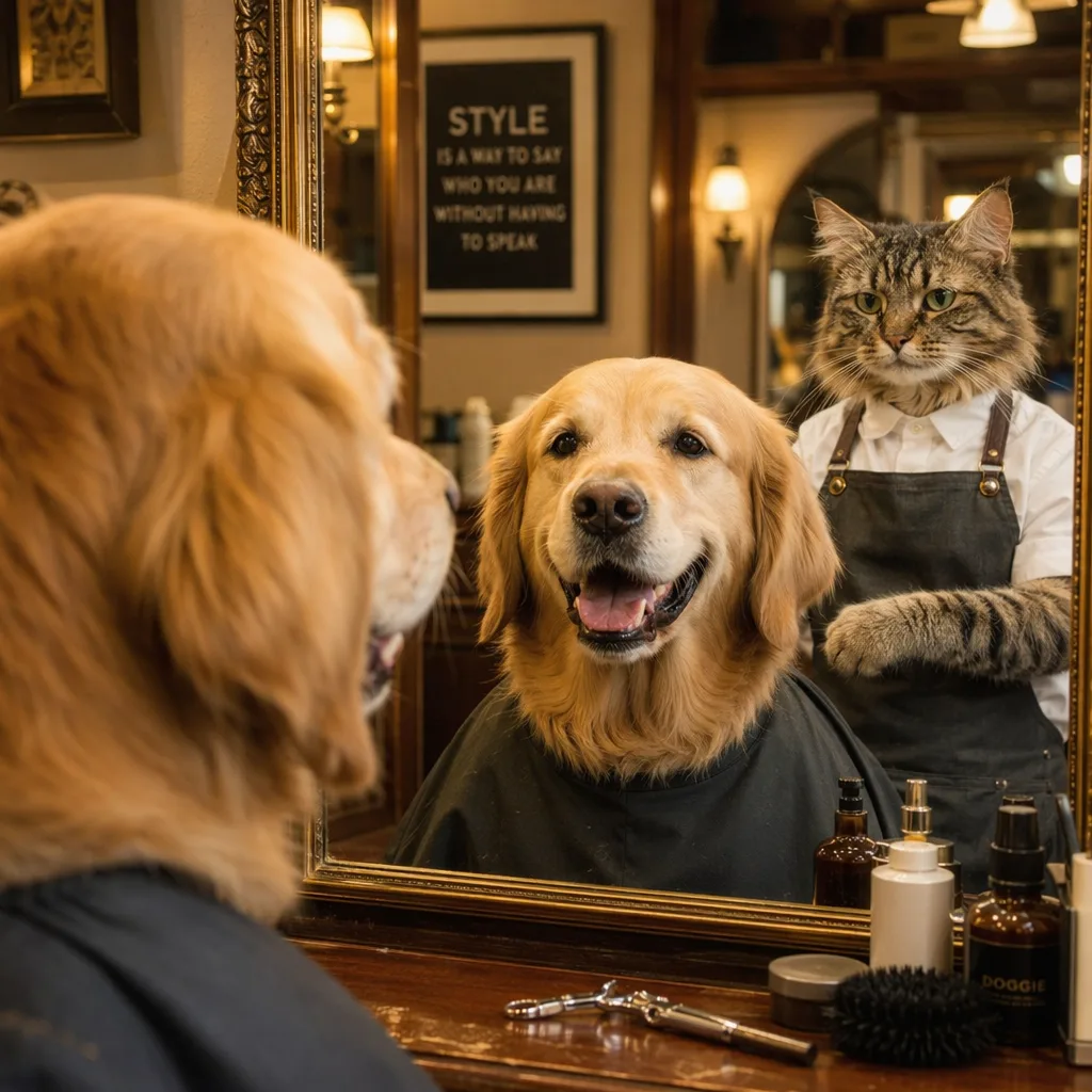 Ретривер любуется новой стрижкой