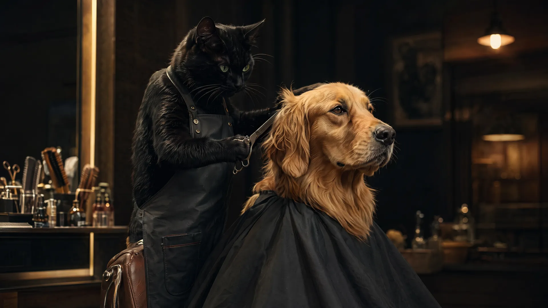 Кот-грумер стрижёт золотистого ретривера